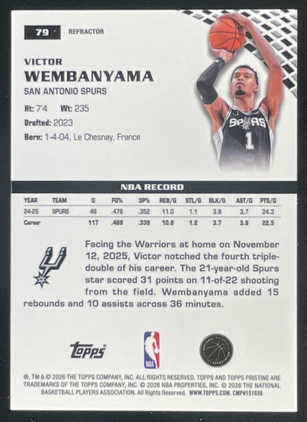 2025-26 Topps Pristine Refractor #79 Victor Wembanyama product image 2, provided for visual reference and product detail