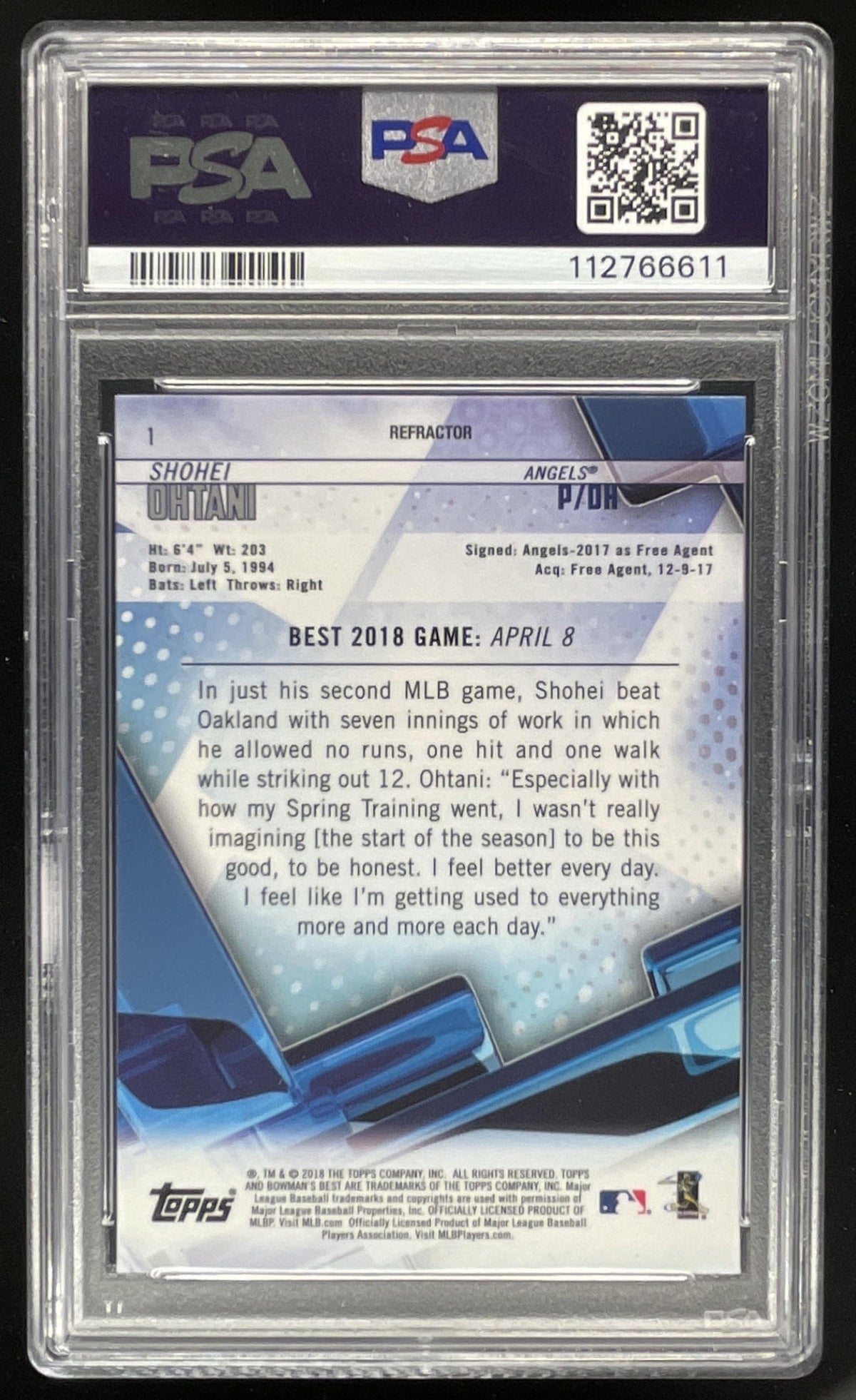 2018 Bowman Bowman's Best Refractor #1 Shohei Ohtani RC PSA 10 product image 2, provided for visual reference and product