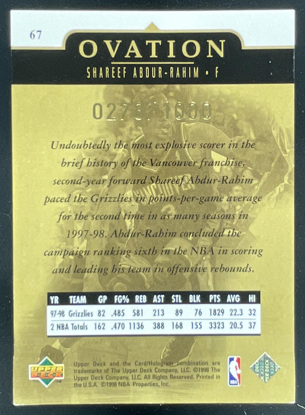 1998-99 Upper Deck Ovation Gold #67 Shareef Abdur-Rahim /1000 product image 2, provided for visual reference and product