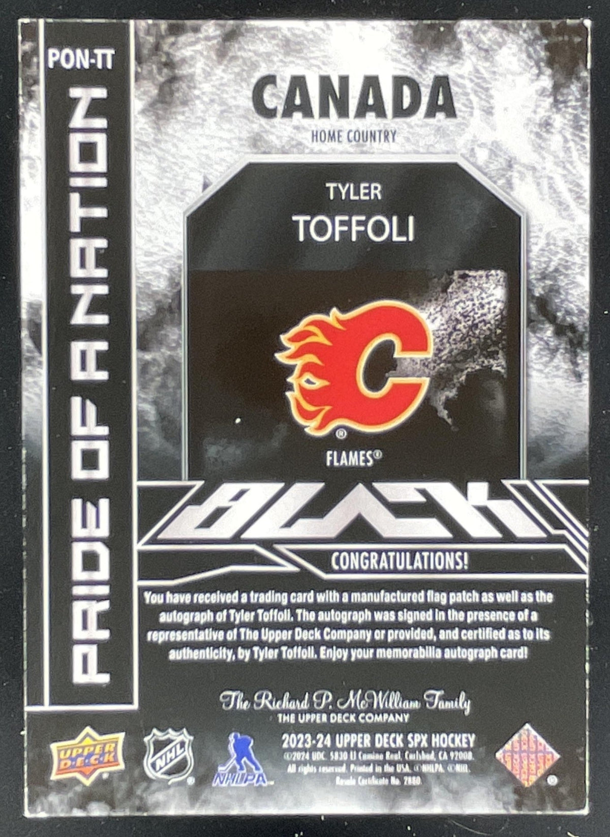 2024-25 SPx UD Black Pride of a Nation Patch #PON-TT Tyler Toffoli Auto /99 product image 2, provided for visual reference