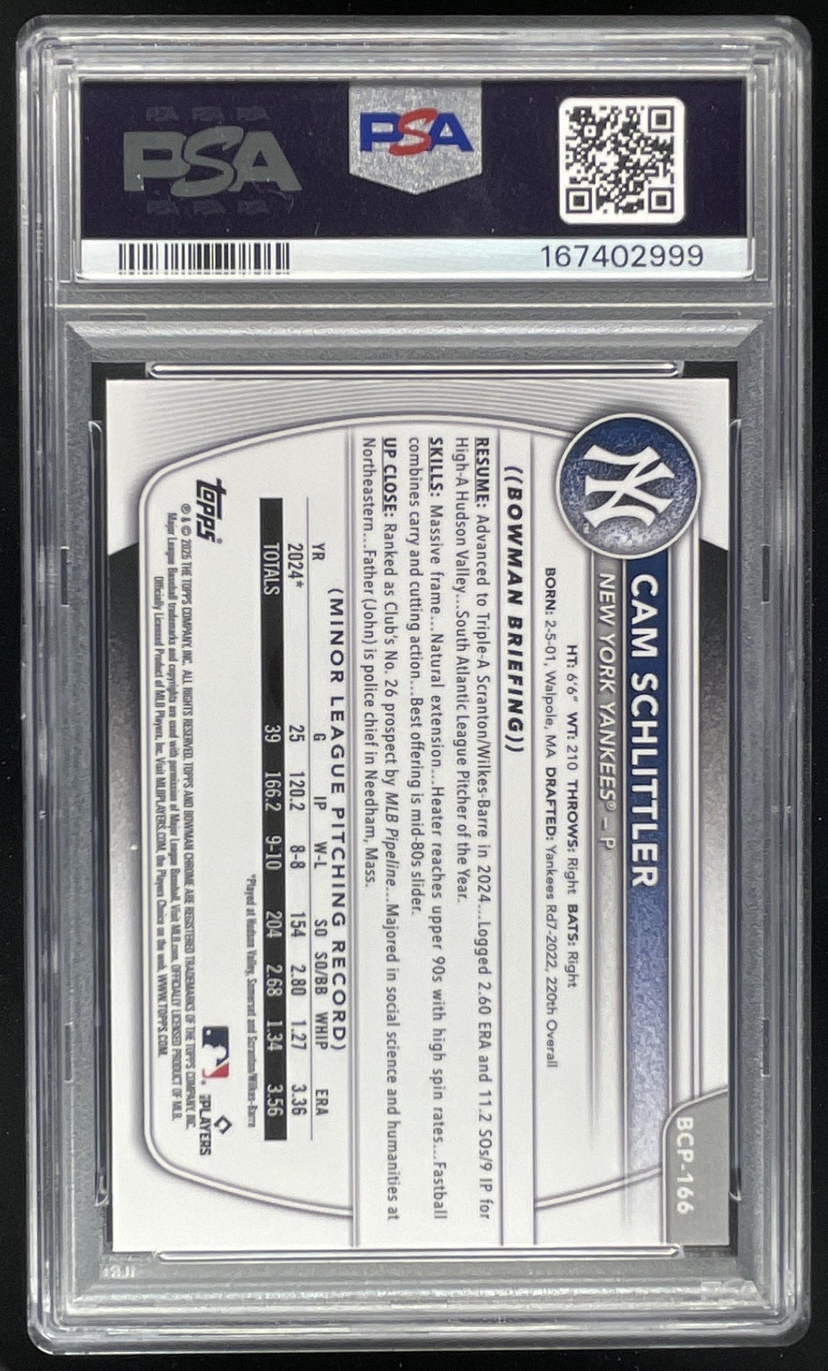 2025 Bowman Chrome Megabox Chrome Prospects #166 Cam Schlittler PSA 10 product image 2, provided for visual reference and