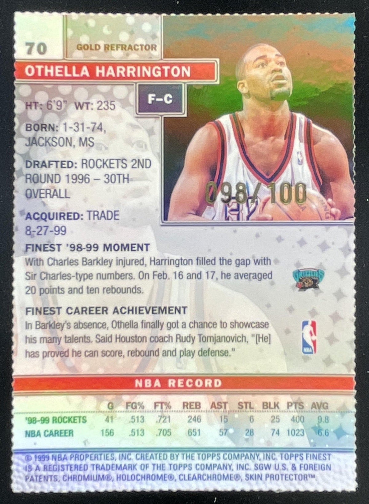 1999-00 Topps Finest Gold Refractors #70 Othella Harrington product image 2, provided for visual reference and product