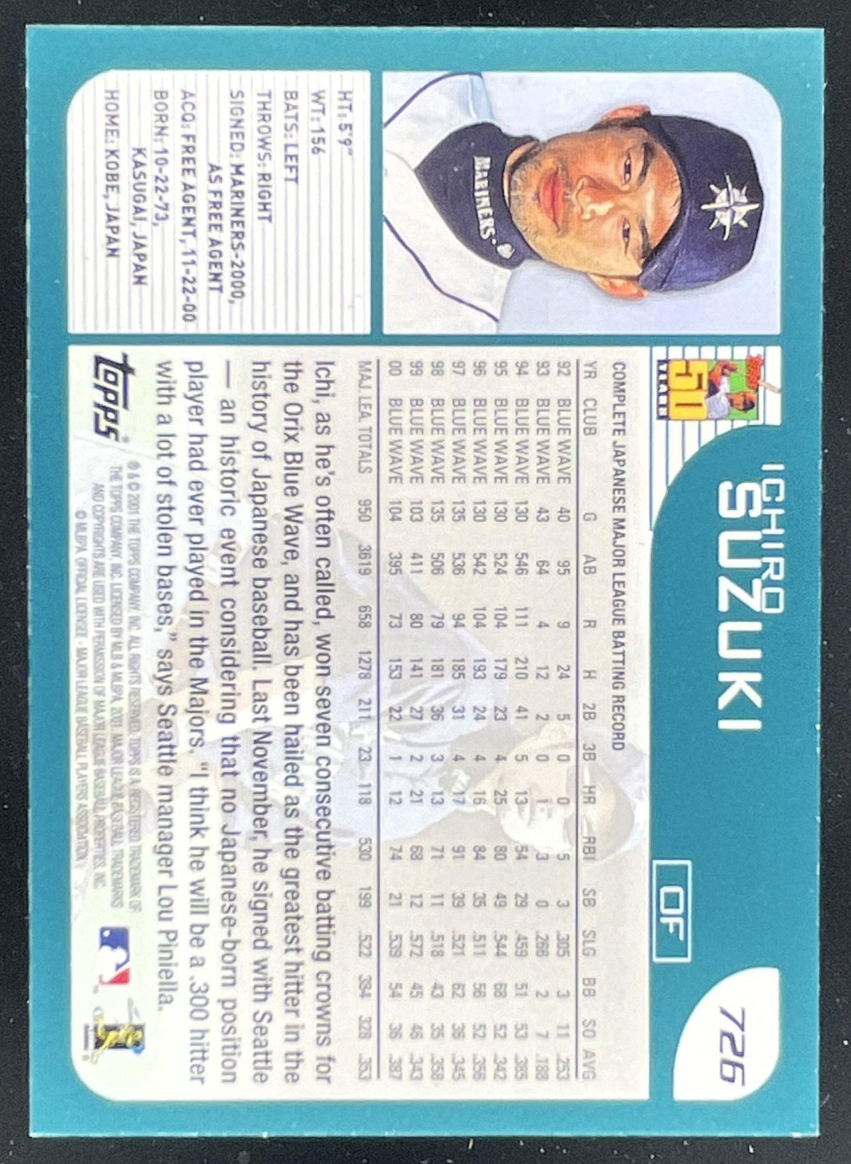 2001 Topps #726 Ichiro Suzuki RC product image 2, provided for visual reference and product detail review