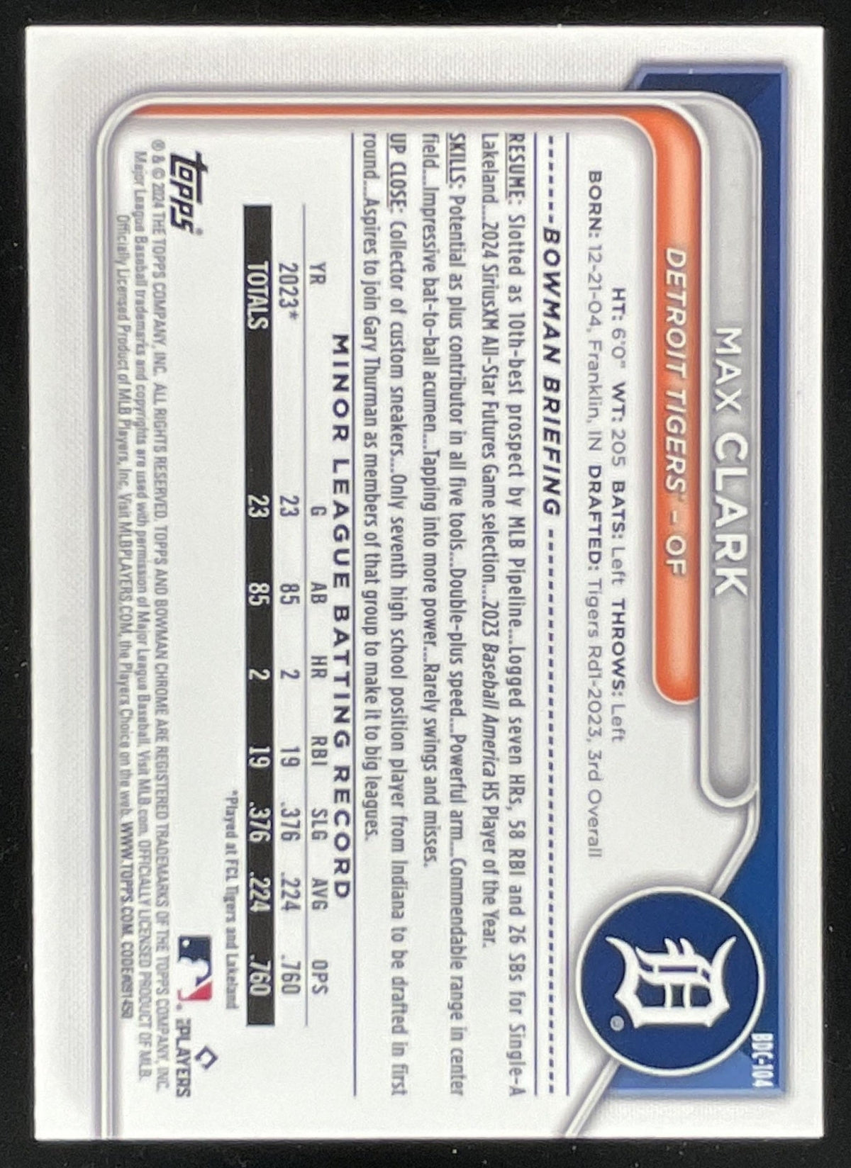 2024 Bowman Draft Sapphire Chrome #BDC-104 Max Clark product image 2, provided for visual reference and product detail review