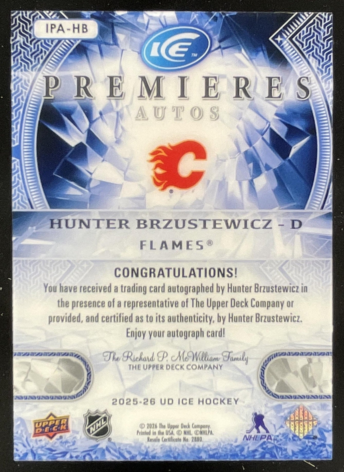 2025-26 Upper Deck Ice Parallel Premieres Hunter Brzustewicz RC Auto /299 product image 2, provided for visual reference and