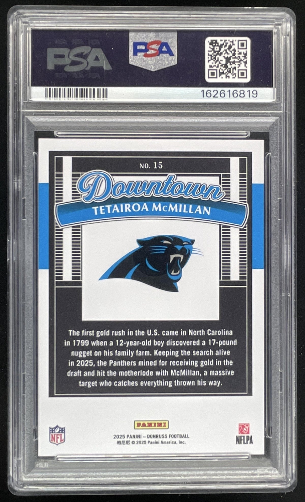 2025 Panini Donruss Oversized Downtown! SP #15 Tetairoa McMillan RC PSA 10 product image 2, provided for visual reference