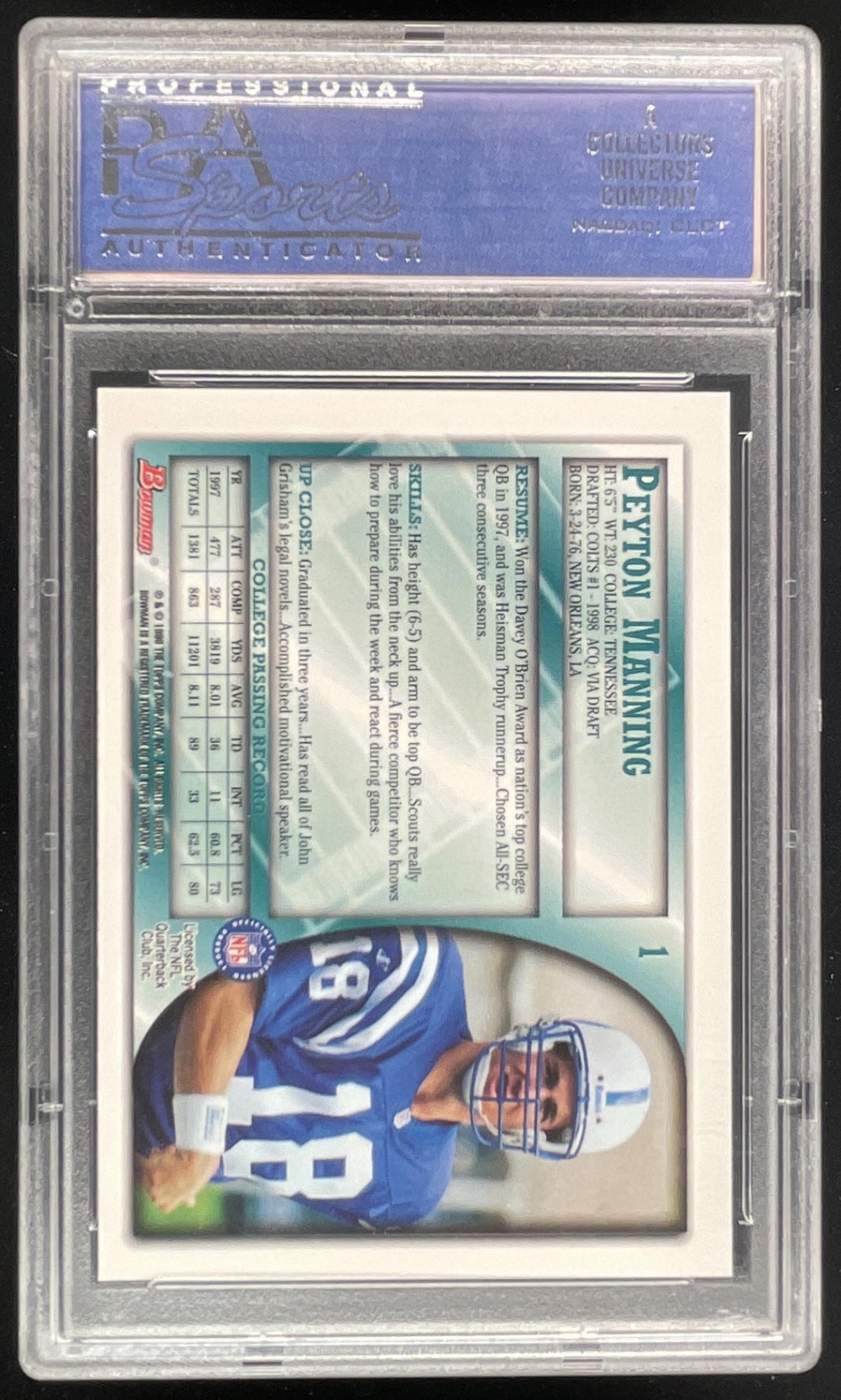 1998 Bowman #1 Peyton Manning RC PSA 10 product image 2, provided for visual reference and product detail review