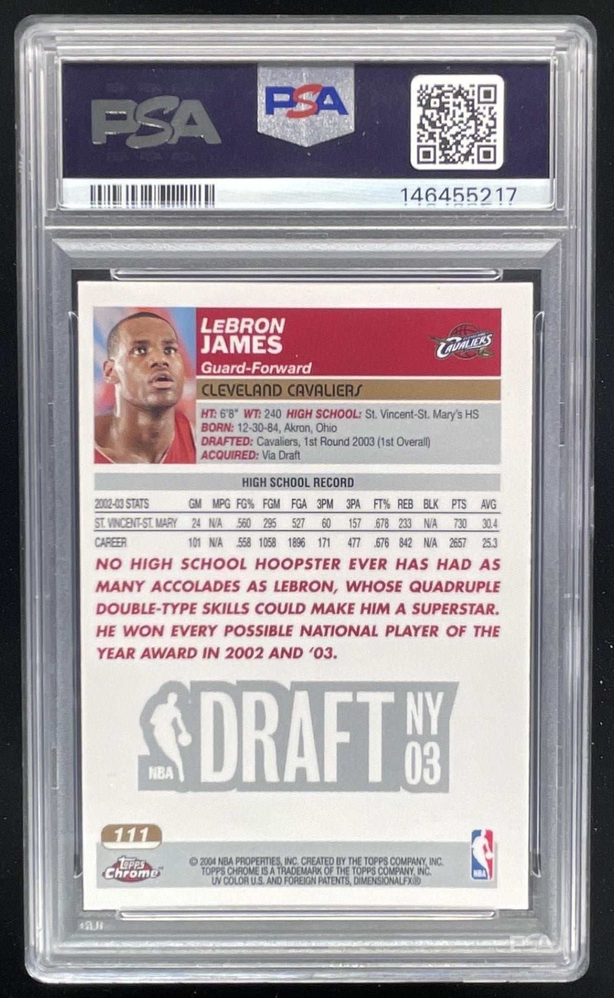 2003-04 Topps Chrome #111 Lebron James RC PSA 7 product image 2, provided for visual reference and product detail review