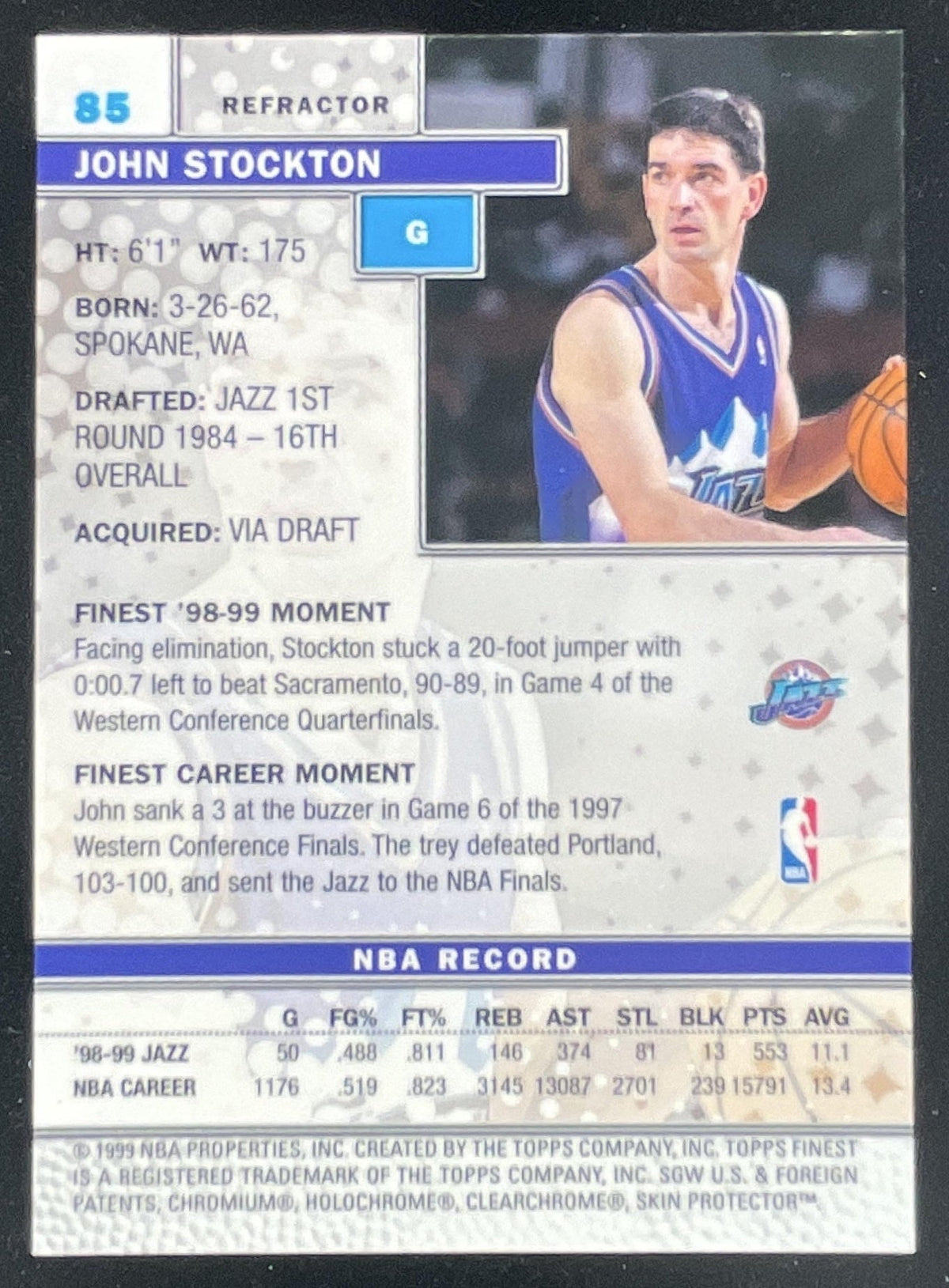 1999-00 Topps Finest Refractors #85 John Stockton product image 2, provided for visual reference and product detail review