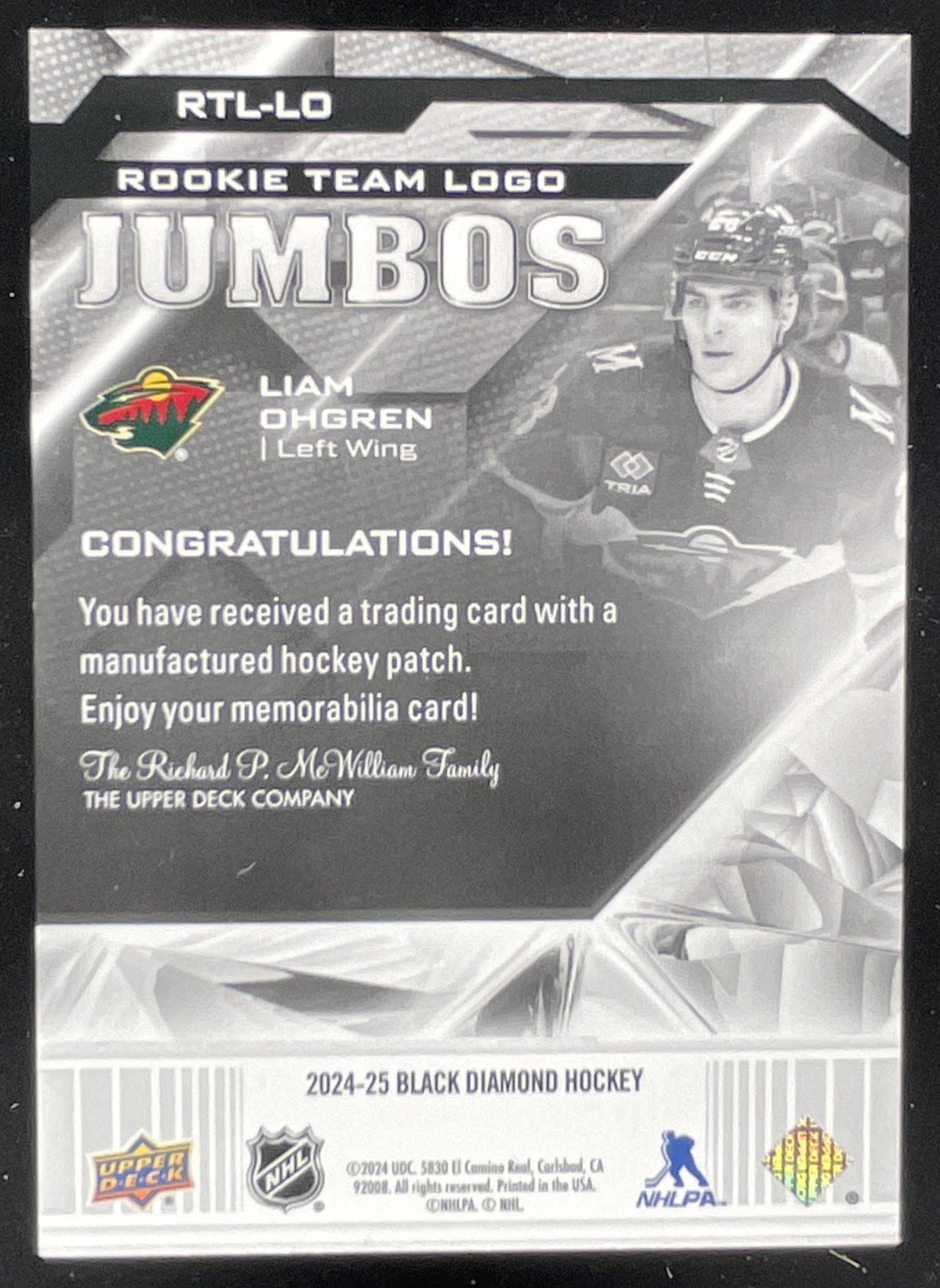 2024 Upper Deck Black Diamond Rookie Team Logo Jumbos Puzzle Patch Liam Ohgren product image 2, provided for visual