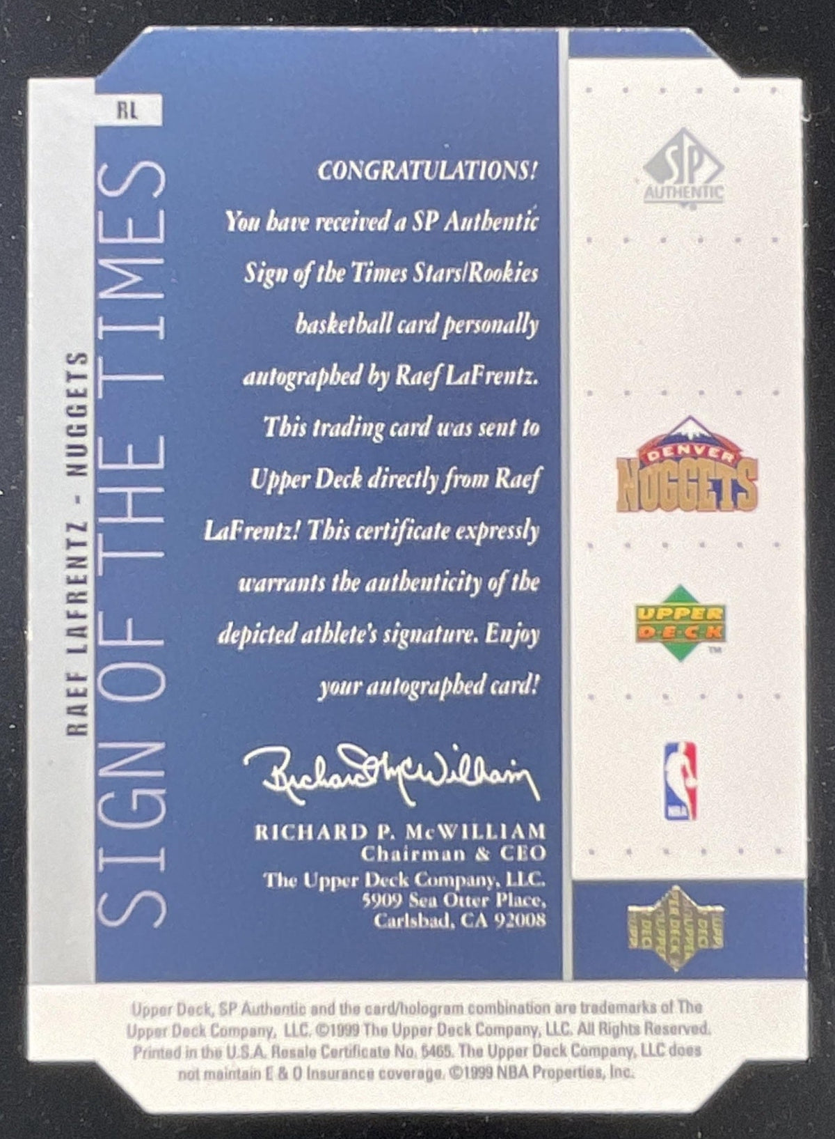 1999-00 SP Authentic Sign of the Times #RL Raef LaFrentz Auto product image 2, provided for visual reference and product