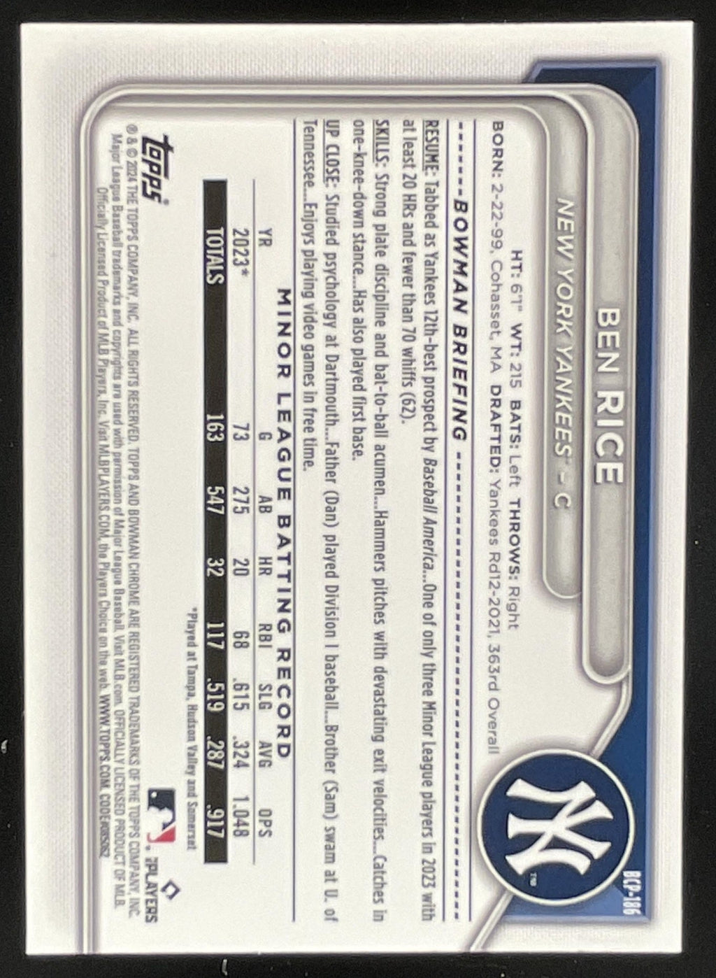 2024 Bowman Chrome Prospects #BCP-186 Ben Rice RC product image 2, provided for visual reference and product detail review