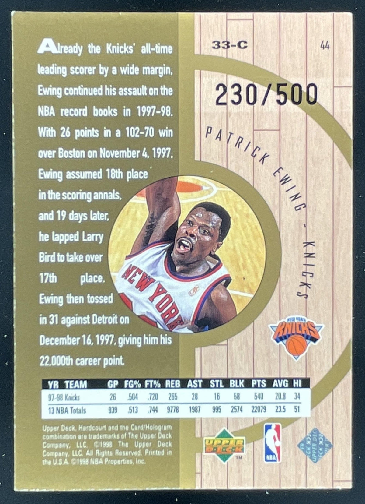 1998-99 Upper Deck Hardcourt Home Court Advantage Plus #44 Patrick Ewing /500 product image 2, provided for visual reference