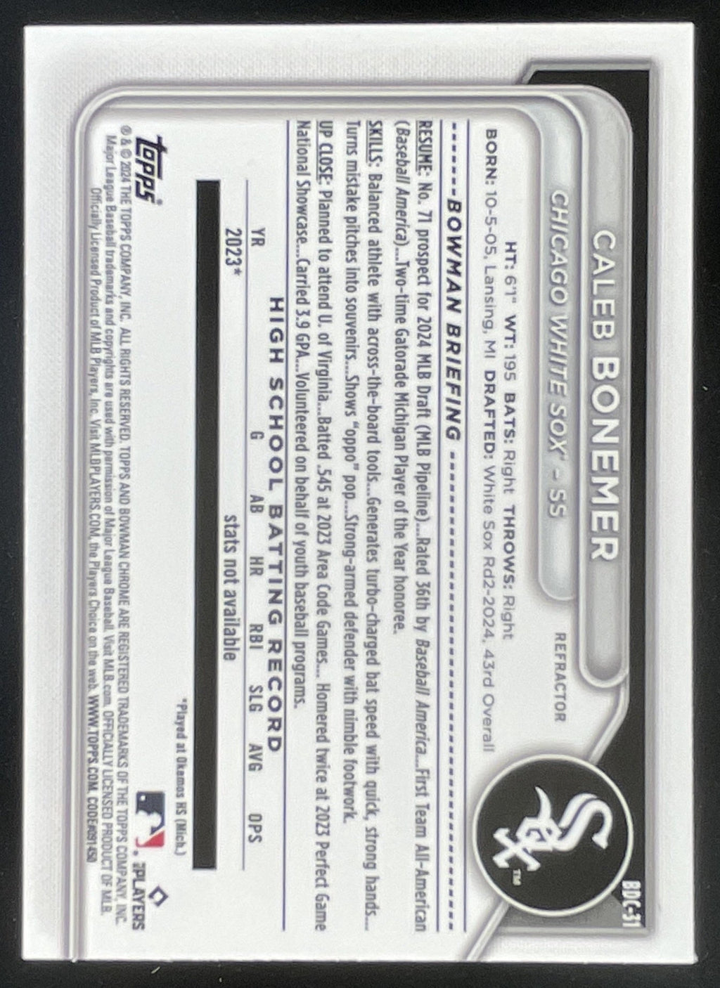 2024 Bowman Draft Chrome Refractor #BDC-31 Caleb Bonemer RC product image 2, provided for visual reference and product