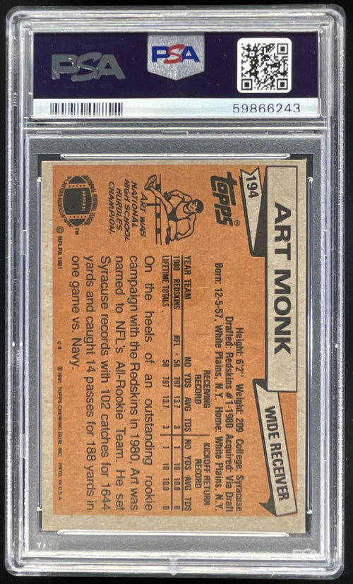 1981 Topps #194 Art Monk RC PSA 7 product image 2, provided for visual reference and product detail review