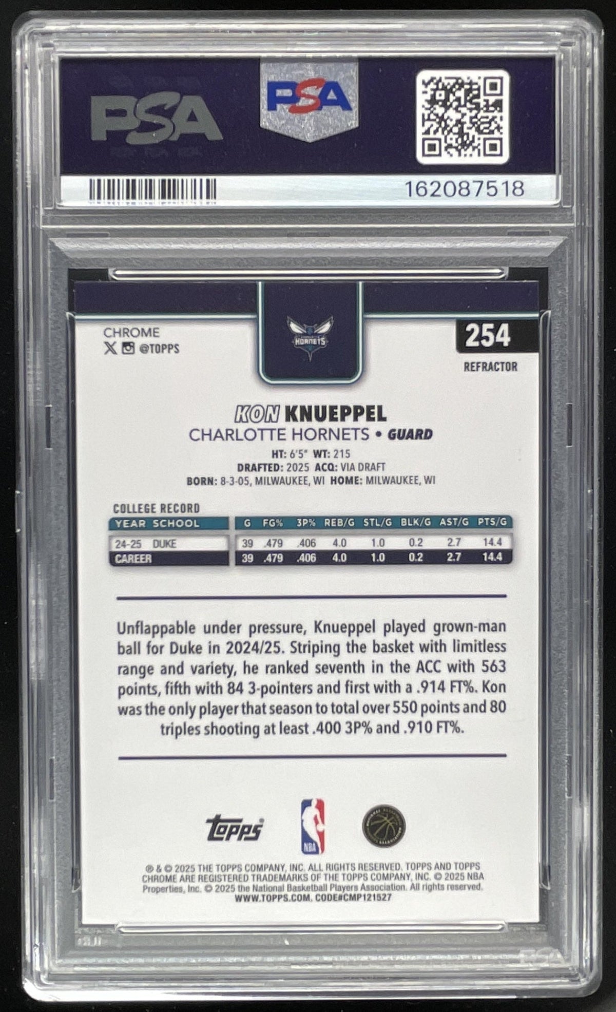 2025-26 Topps Chrome Refractor #254 Kon Knueppel RC PSA 10 product image 2, provided for visual reference and product detail