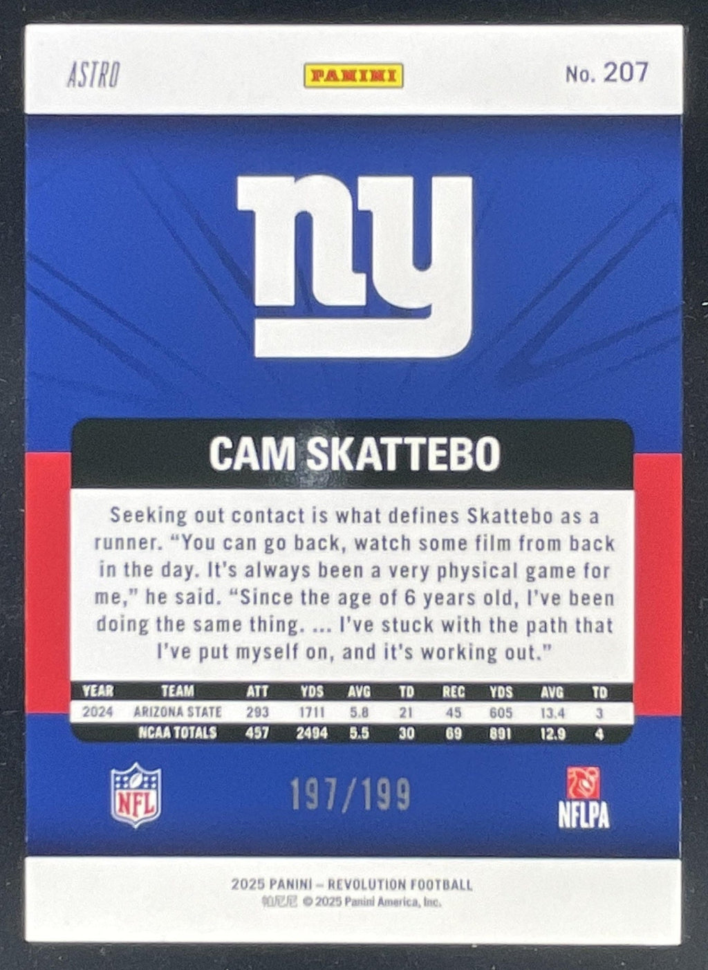 2025 Panini Revolution Rookies Purple Astro #207 Cam Skattebo RC /199 product image 2, provided for visual reference and