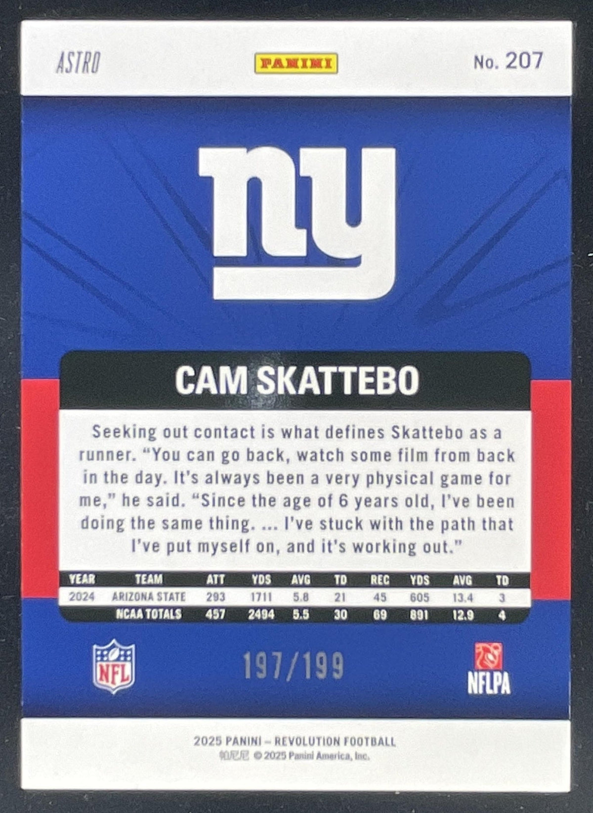 2025 Panini Revolution Rookies Purple Astro #207 Cam Skattebo RC /199 product image 2, provided for visual reference and