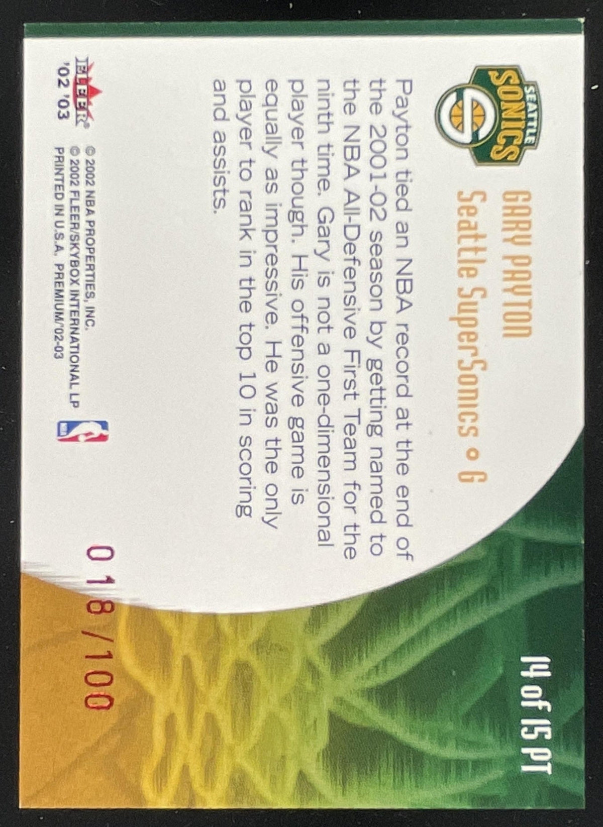 2002-03 Fleer Premium Prime Time Ruby #14 PT Gary Payton /100 product image 2, provided for visual reference and product