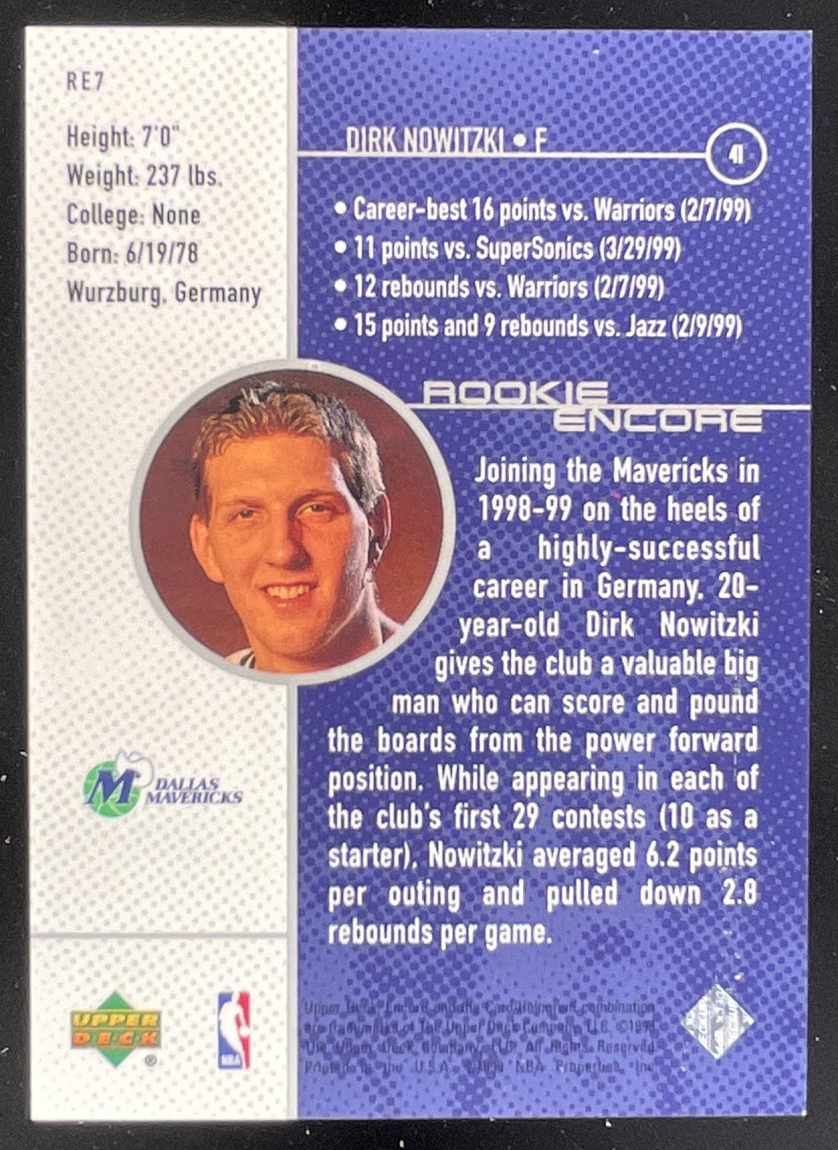 1998-99 Upper Deck Encore Rookie Encore #RE7 Dirk Nowitzki RC product image 2, provided for visual reference and product