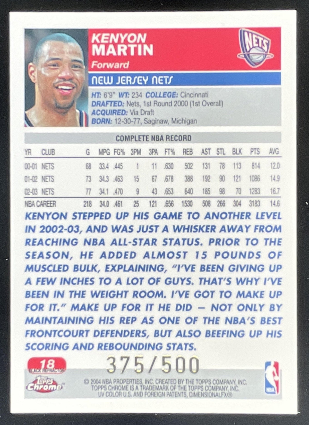 2004-05 Topps Chrome Refractors Black #125 Kenyon Martin /500 product image 2, provided for visual reference and product