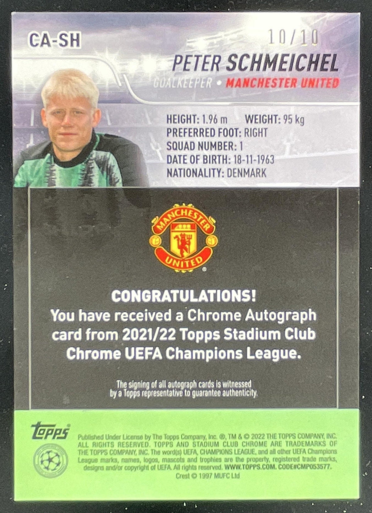 2021 Topps Stadium Club Chrome UEFA Champions Black Peter Schmeichel Auto /10 product image 2, provided for visual reference