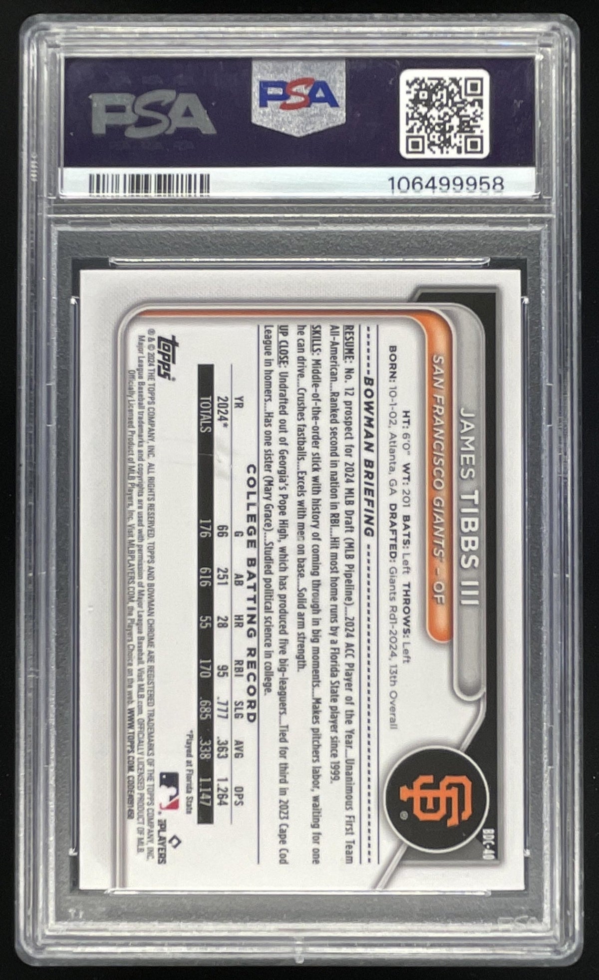 2024 Bowman Draft Chrome Aqua Wave #BDC-40 James Tibbs III RC /125 PSA 10 product image 2, provided for visual reference and
