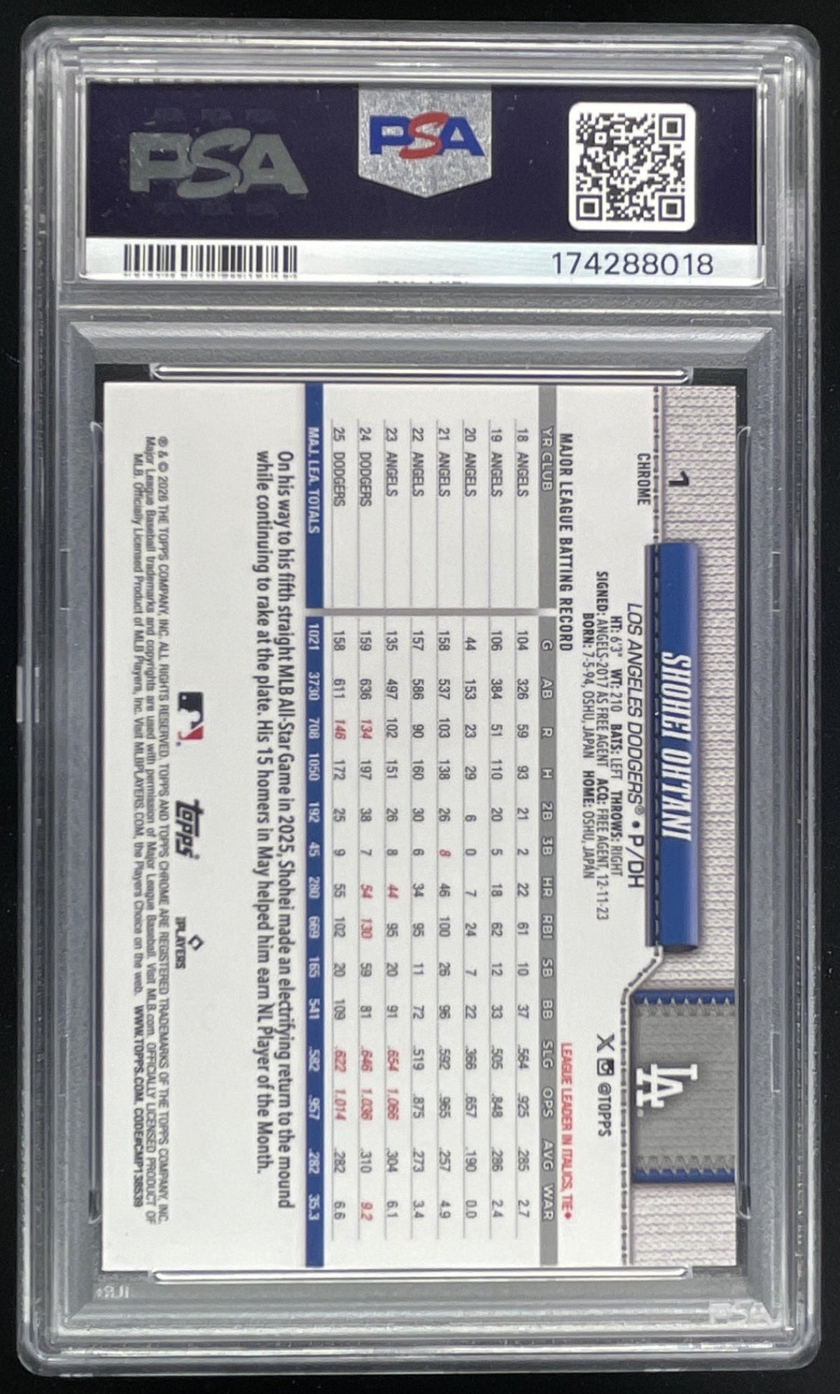 2026 Topps Chrome Blue Refractor #1 Shohei Ohtani /150 PSA 9 product image 2, provided for visual reference and product