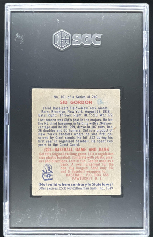1949 Bowman #101 Sid Gordon SGC 3 product image 2, provided for visual reference and product detail review
