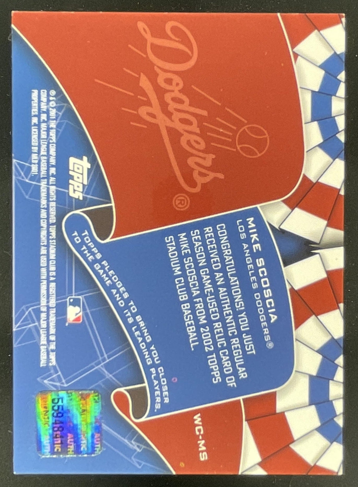 2002 Topps Stadium Club World Champion Relics #WC-MS Mike Scioscia MEM product image 2, provided for visual reference and