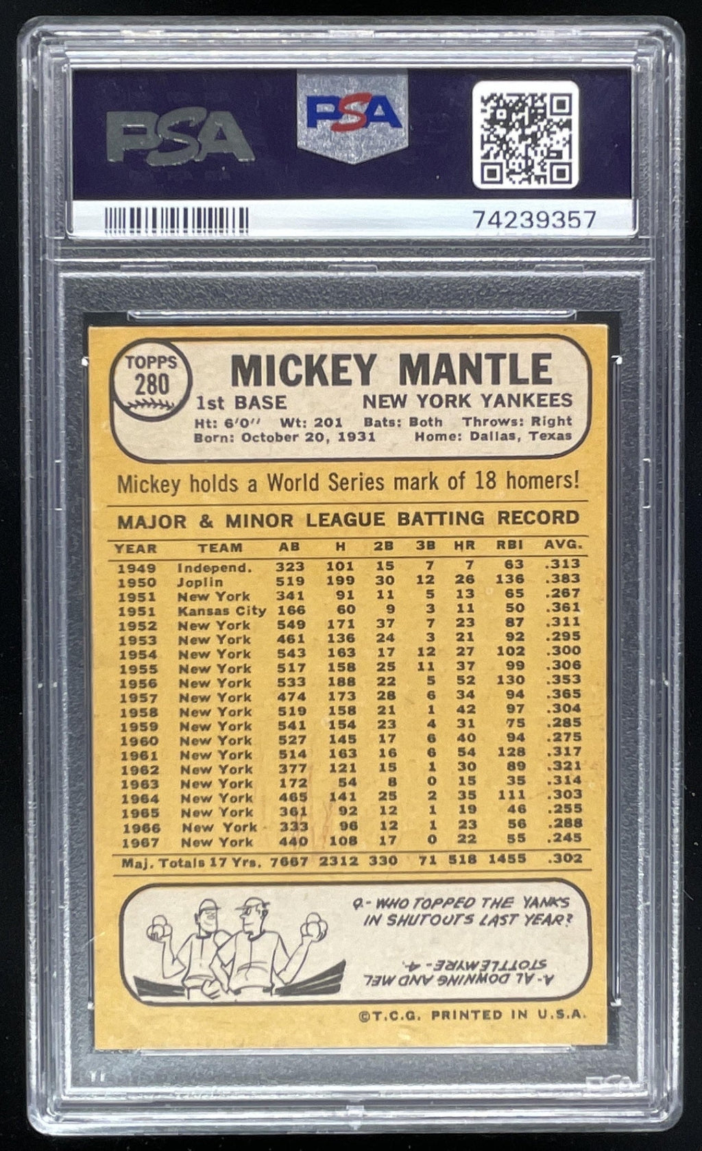 1968 Topps #280 Mickey Mantle PSA 5 product image 2, provided for visual reference and product detail review