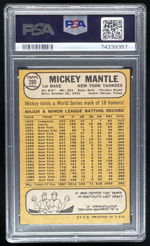 1968 Topps #280 Mickey Mantle PSA 5 product image 2, provided for visual reference and product detail review
