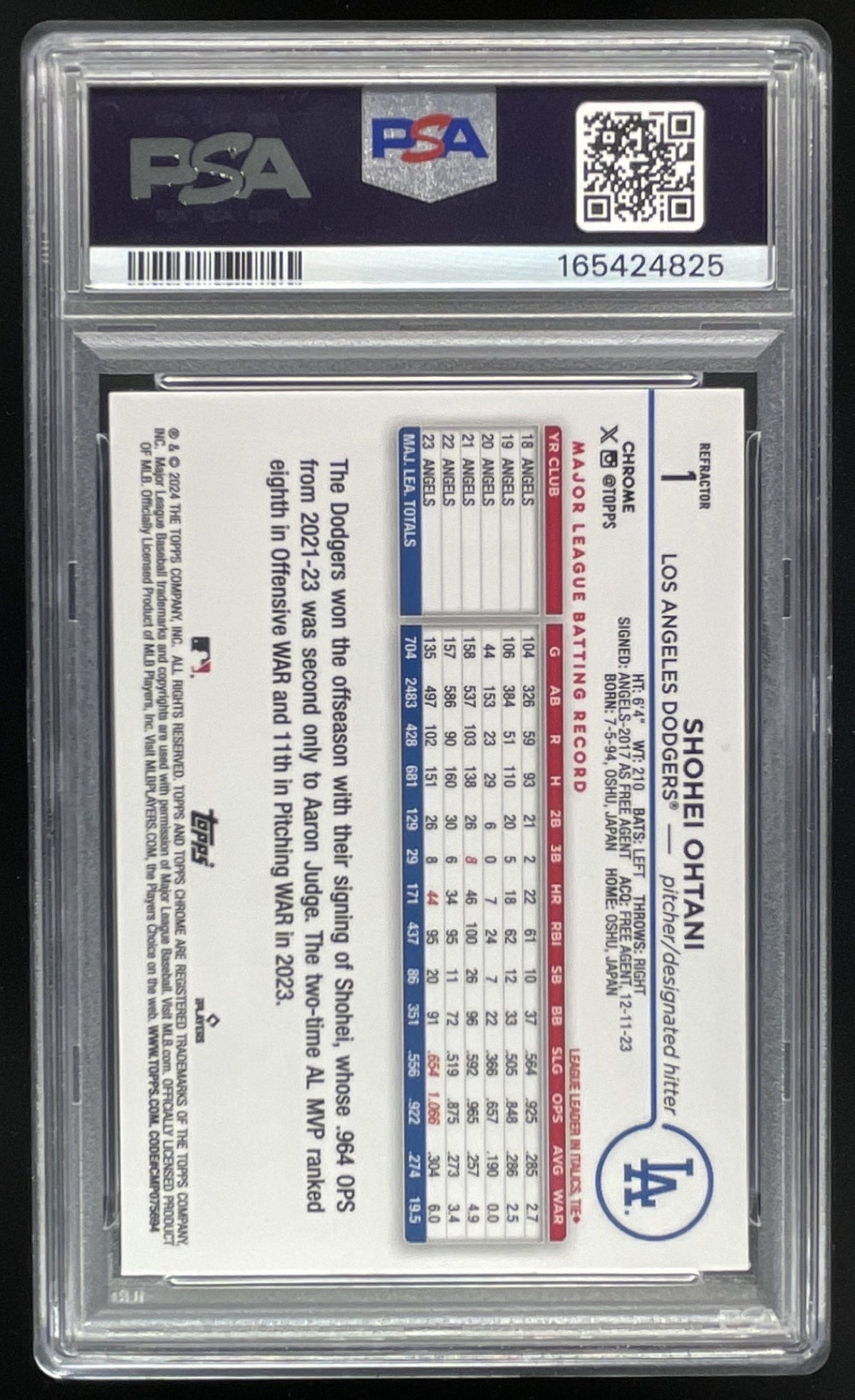 2024 Topps Chrome Refractor #1 Shohei Ohtani PSA 9 product image 2, provided for visual reference and product detail review