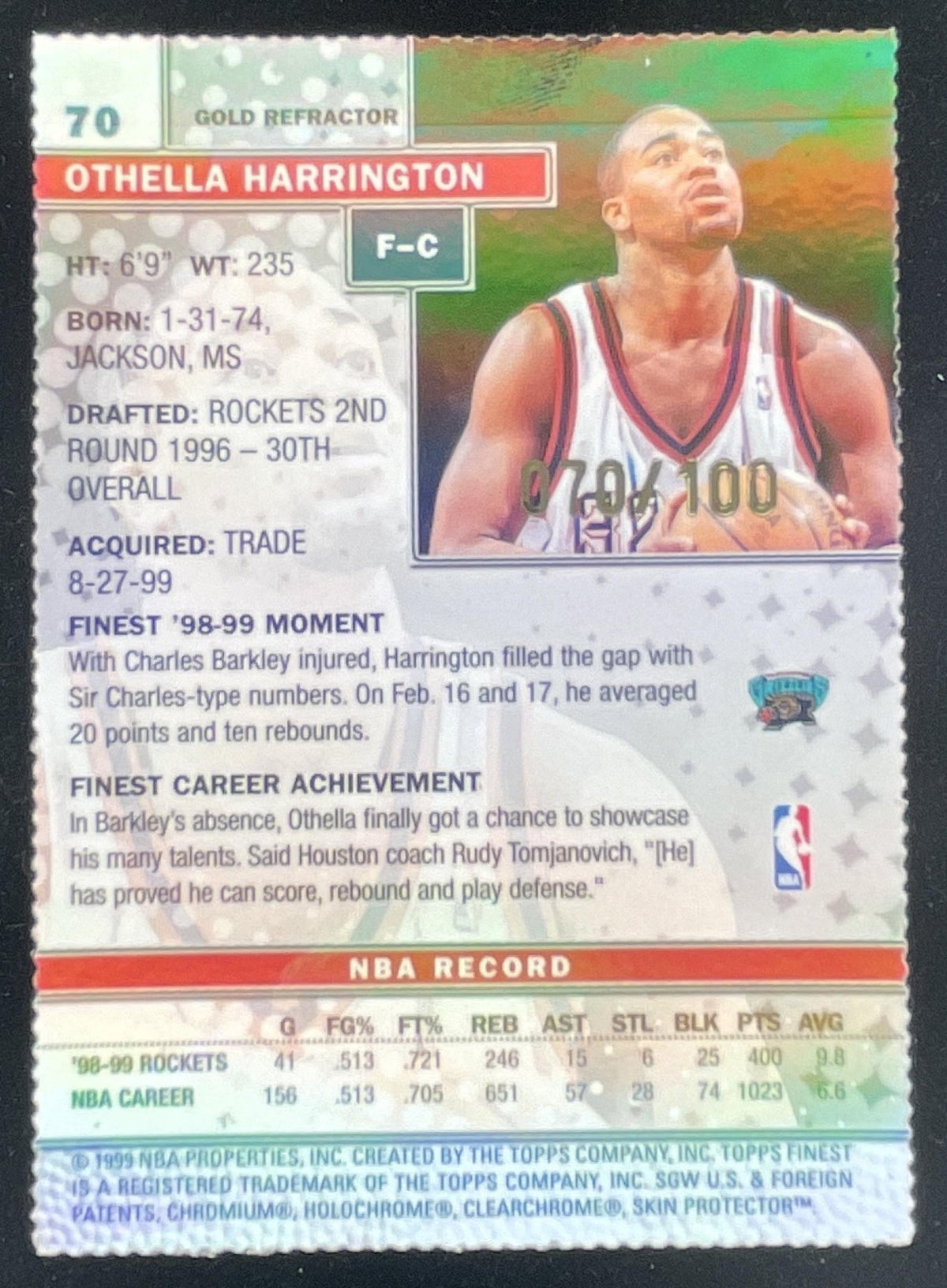 1999-00 Topps Finest Gold Refractors #70 Othella Harrington /100 product image 2, provided for visual reference and product