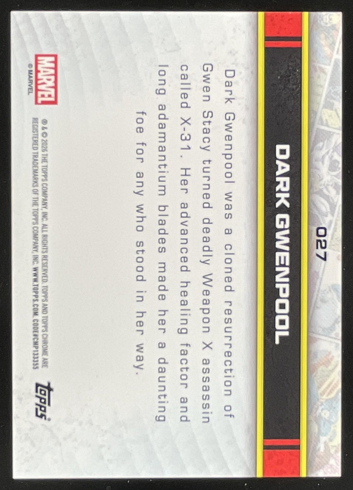 2026 Topps Chrome Marvel Comics Purple Shimmer #027 Dark Gwenpool RC /75 product image 2, provided for visual reference and