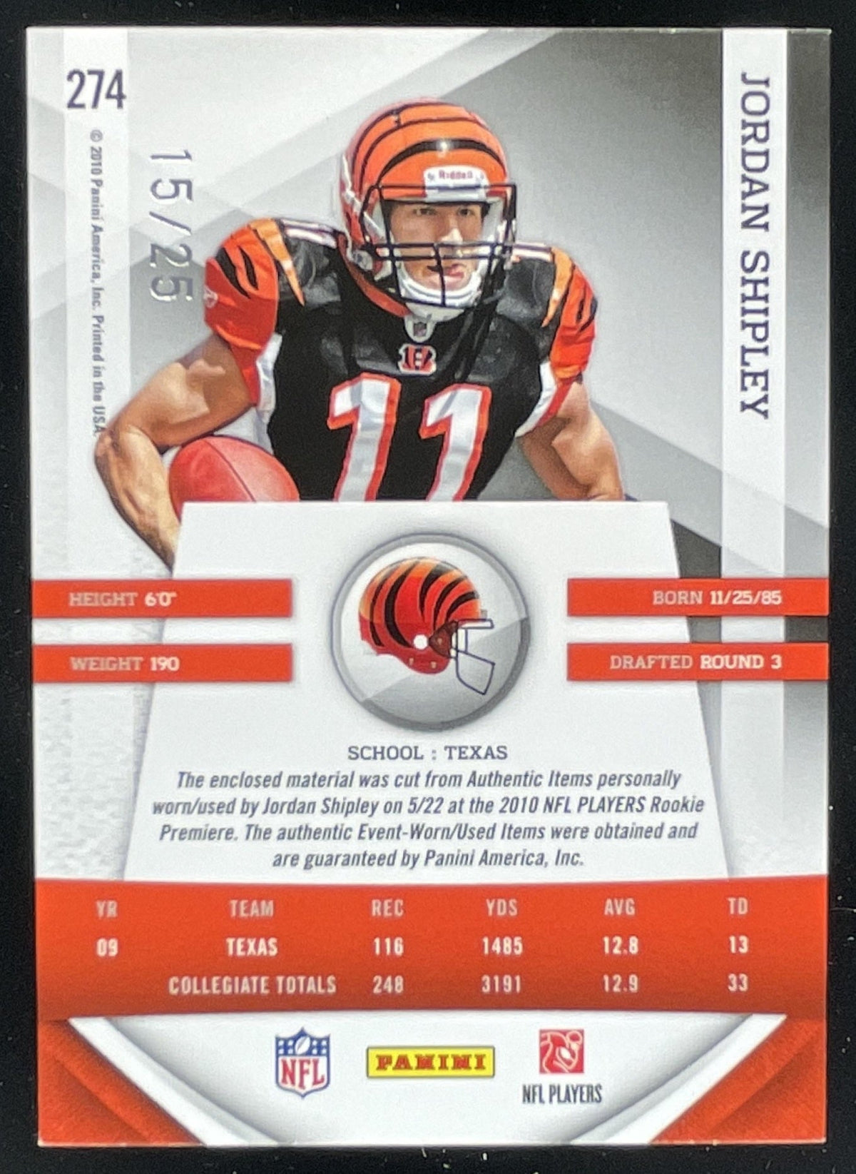 2010 Gridiron Gear Rookie Gridiron Gems Jerseys Combo #274 Jordan Shipley RC /25 product image 2, provided for visual