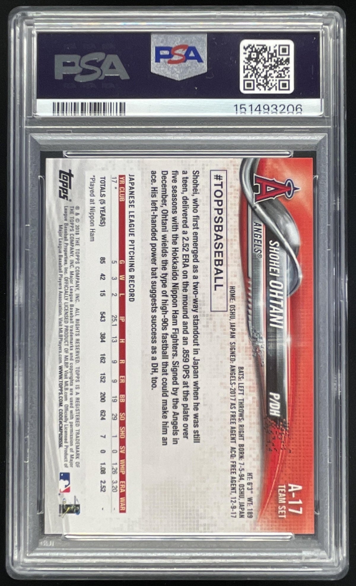 2018 Topps Team Set LA Angels #A-17 Shohei Ohtani PSA 8 product image 2, provided for visual reference and product detail