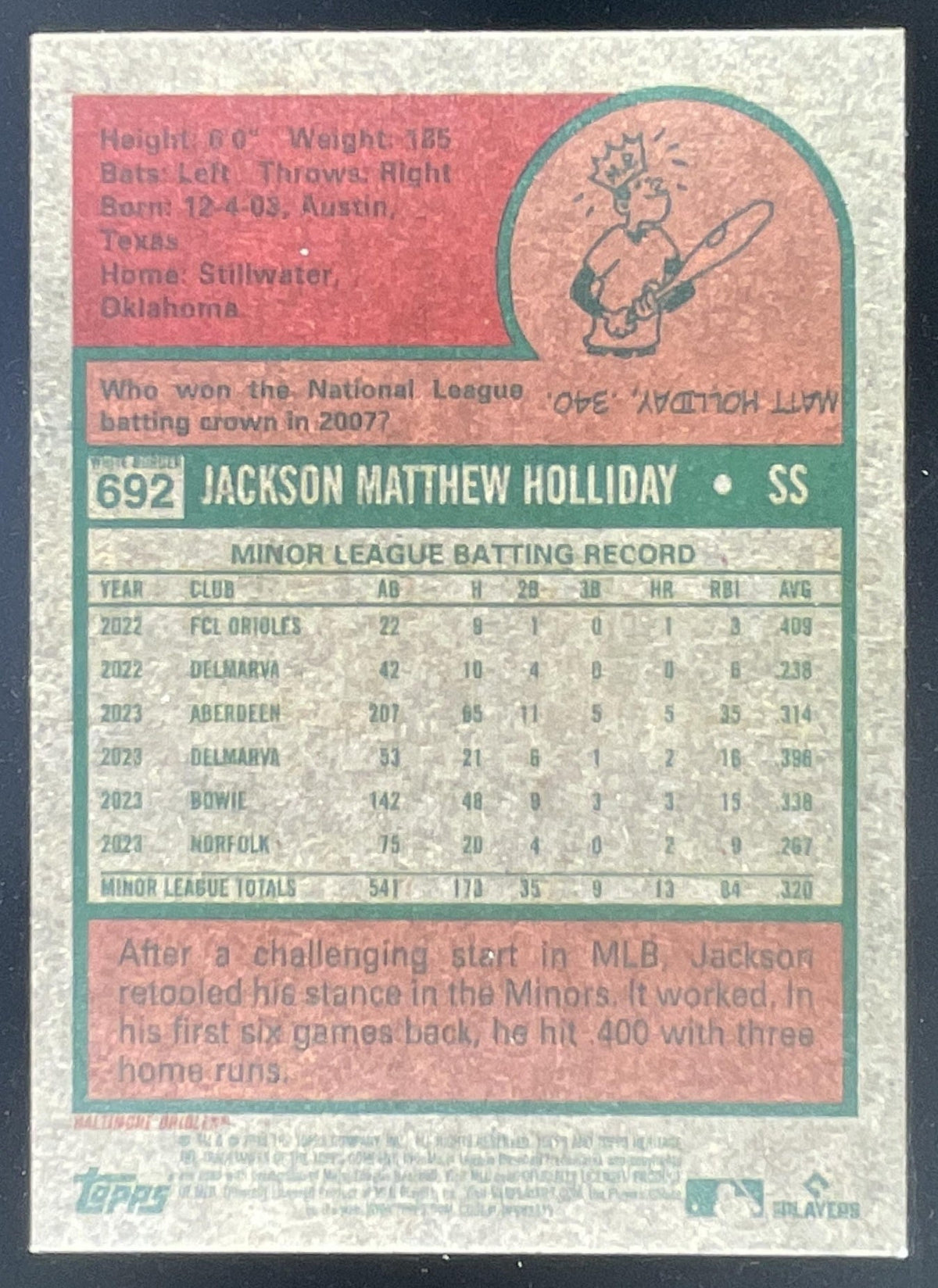 2024 Topps Heritage High Number White Border #692 Jackson Holliday RC product image 2, provided for visual reference and