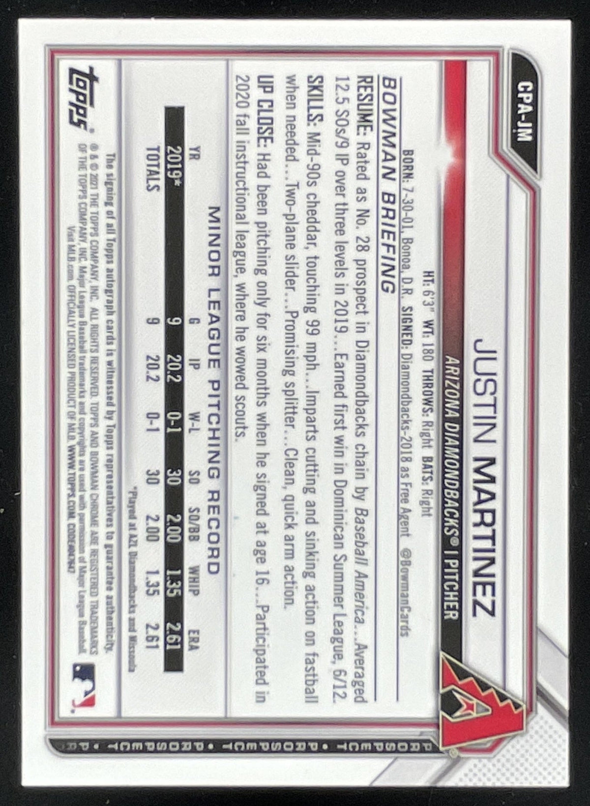 2021 Bowman Chrome Prospect Autographs #CPA-JM Justin Martinez RC Auto product image 2, provided for visual reference and