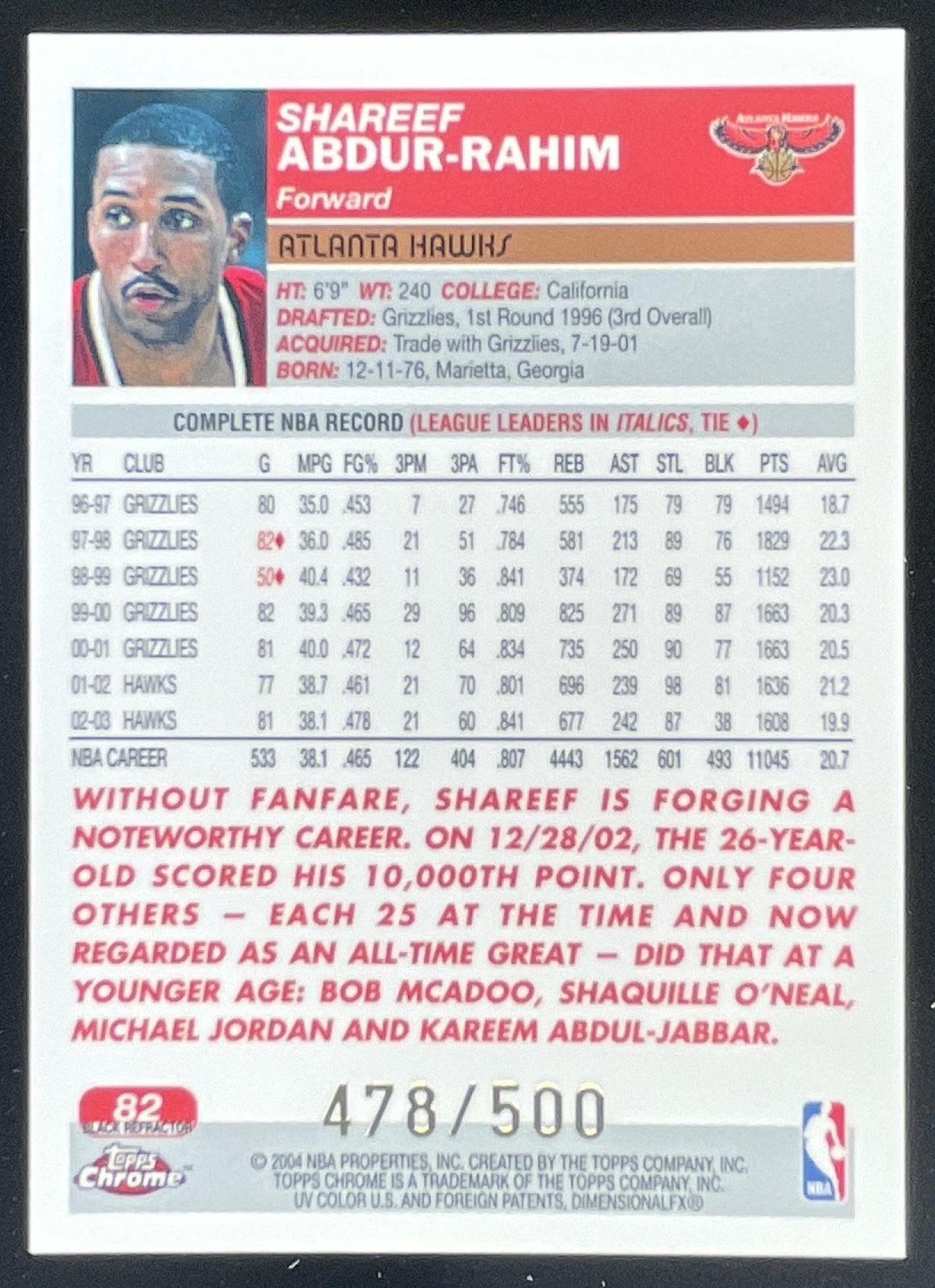 2003-04 Topps Chrome Refractors Black #82 Shareef Abdur-Rahim /500 product image 2, provided for visual reference and