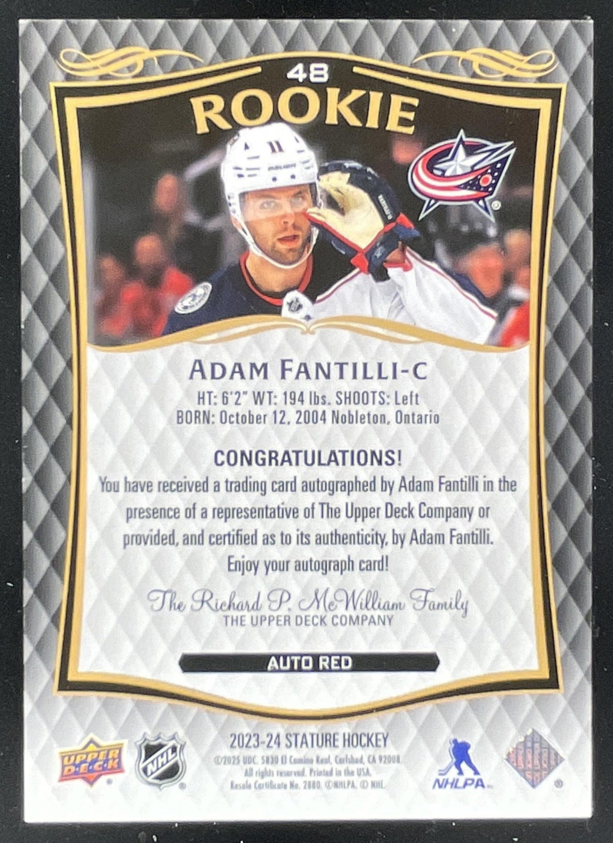 2024-25 Upper Deck Stature 2023-24 Update Auto Red #48 Adam Fantilli RC Auto /99 product image 2, provided for visual