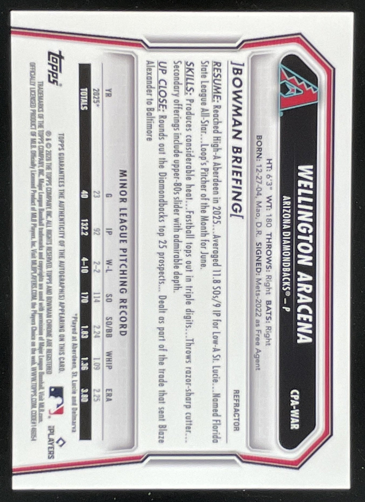 2026 Bowman Chrome Prospects #CPA-WAR Wellington Aracena RC Auto /499 product image 2, provided for visual reference and