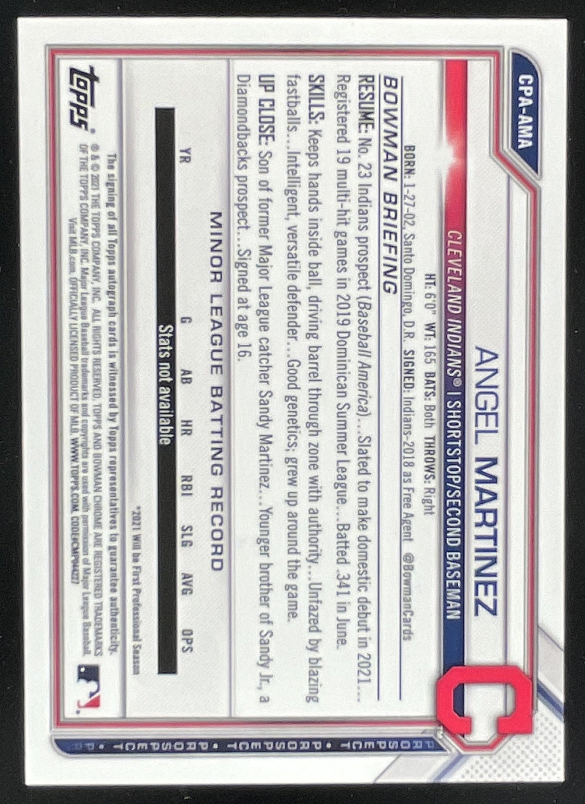 2021 Bowman Chrome Prospect Autographs #CPA-AMA Angel Martinez Autograph RC Auto product image 2, provided for visual