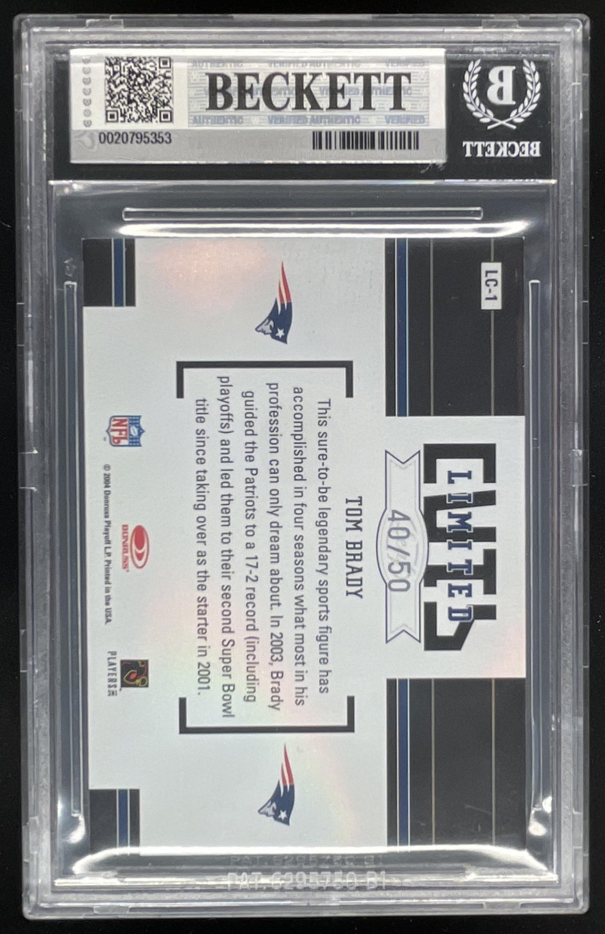 2004 Leaf Limited Cuts Autographs Jersey #LC-1 Tom Brady Auto /50 BGS 8.5 product image 2, provided for visual reference and