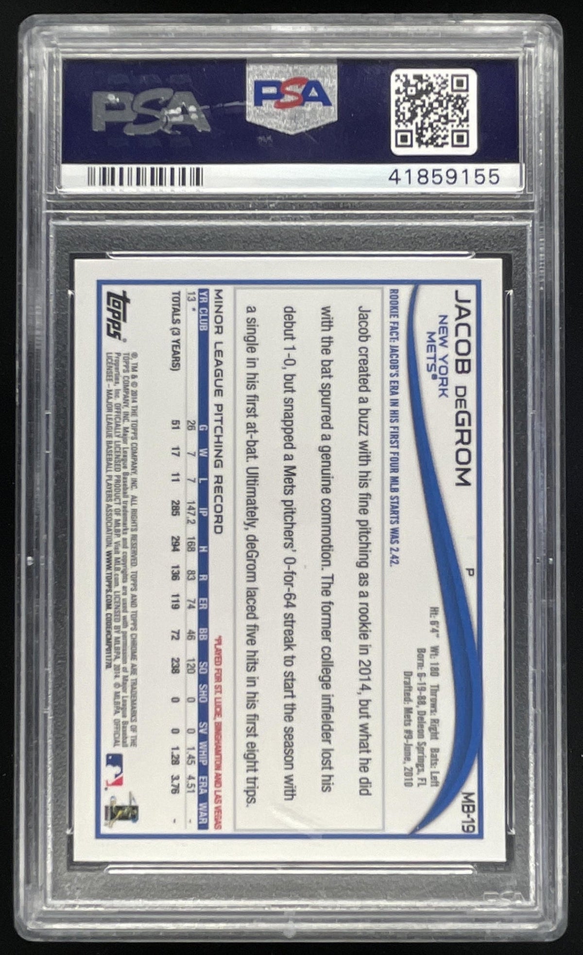 2014 Topps Chrome Update #MB-19 Jacob deGrom RC PSA 10 product image 2, provided for visual reference and product detail