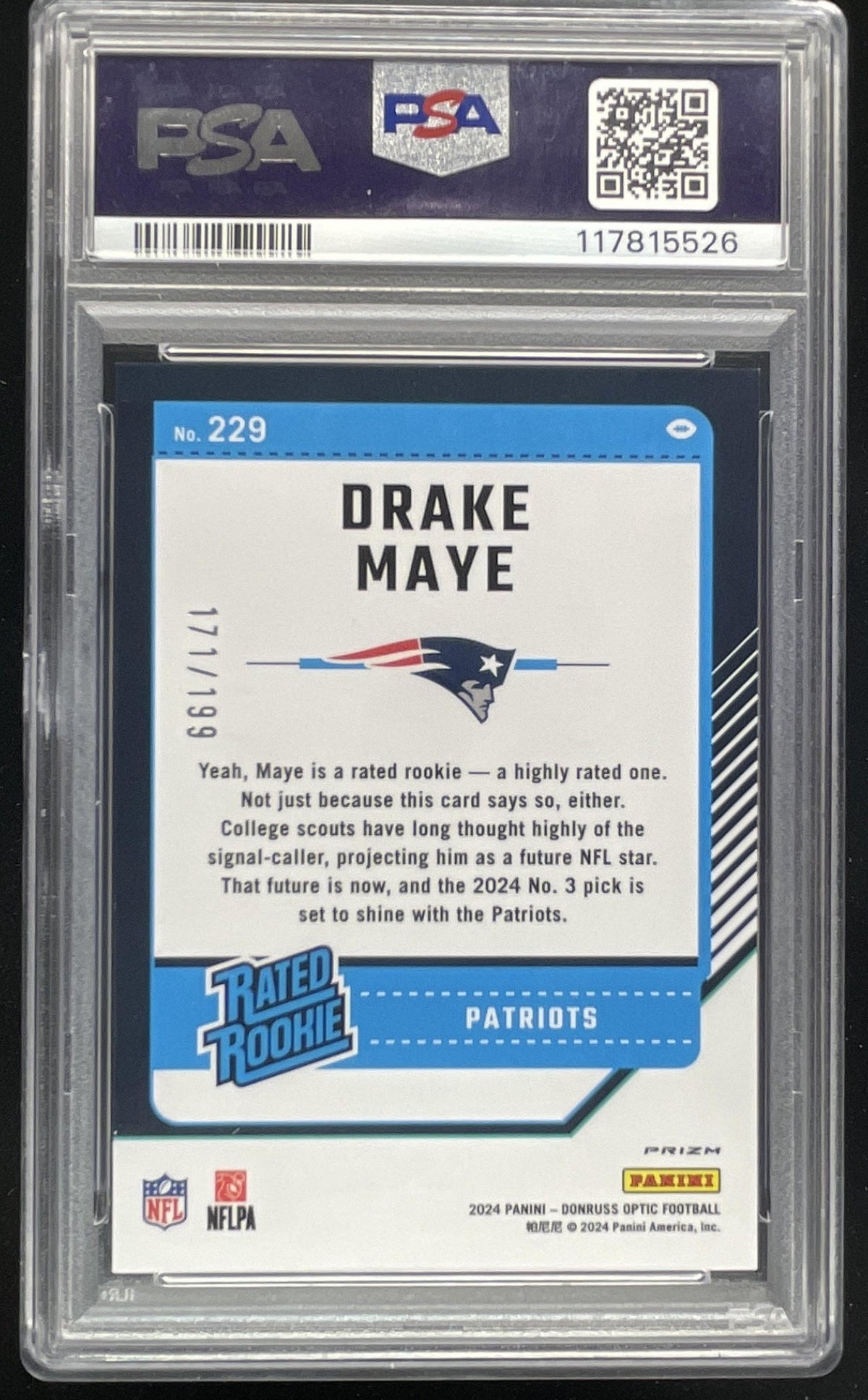 2024 Panini Donruss Optic Blue #229 Drake Maye Rated Rookie /199 PSA 10 product image 2, provided for visual reference and