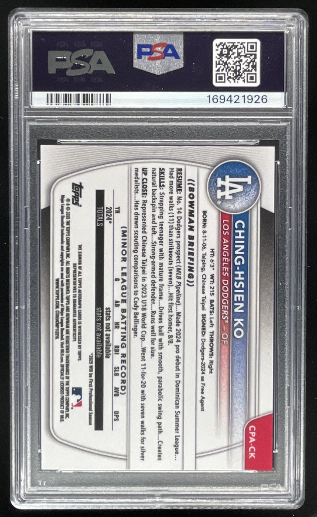 2025 Bowman Chrome Prospect Autograph #CPA-CK Ching-Hsien Ko RC Auto PSA 10 product image 2, provided for visual reference
