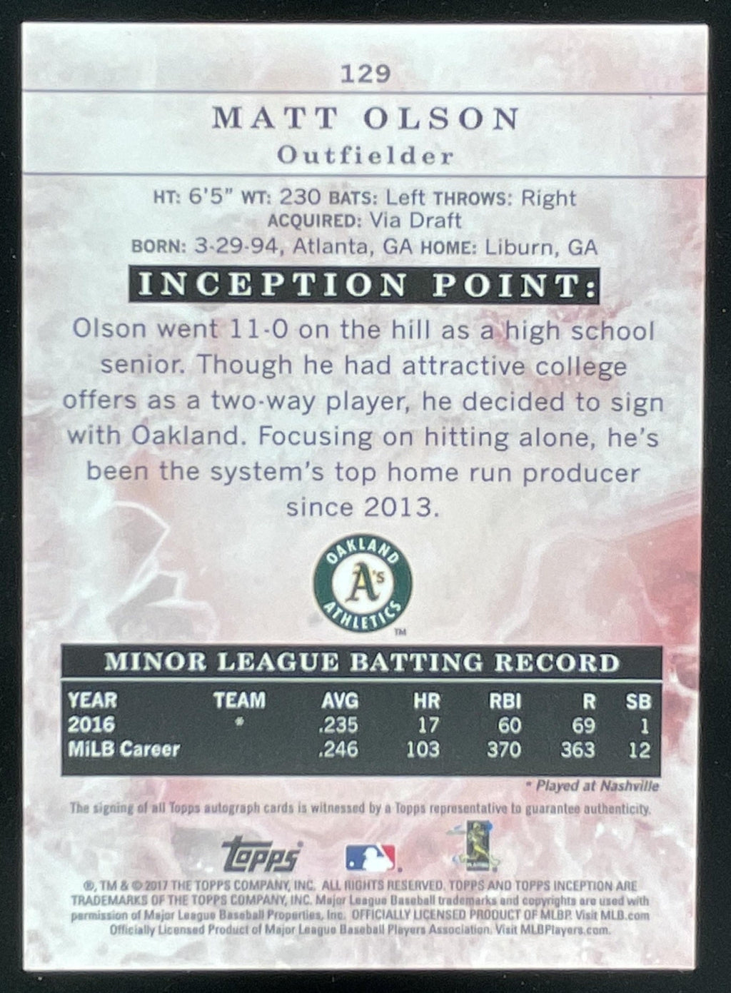 2017 Topps Inception Magenta #129 Matt Olson Autograph RC Auto /99 product image 2, provided for visual reference and