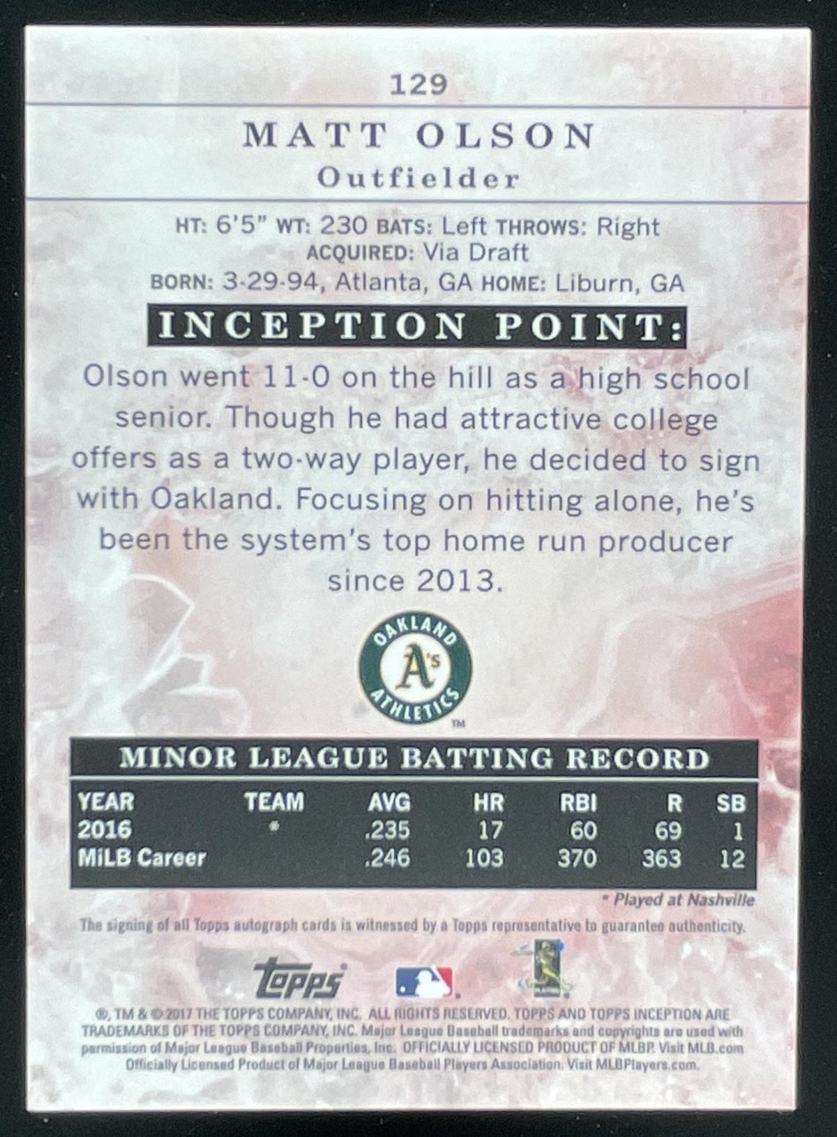 2017 Topps Inception Magenta #129 Matt Olson Autograph RC Auto /99 product image 2, provided for visual reference and