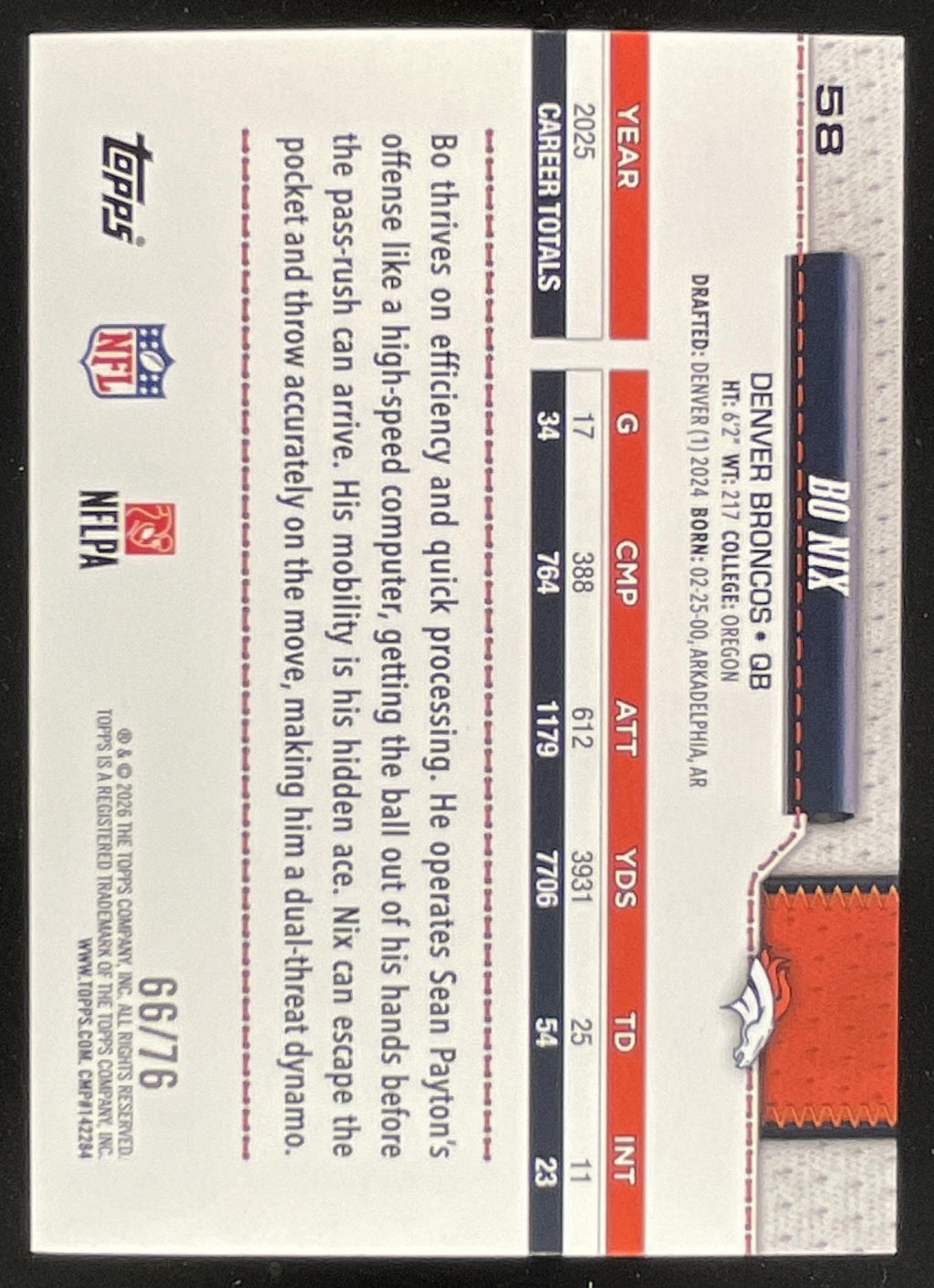 2026 Topps Independence Day #58 Bo Nix /76 product image 2, provided for visual reference and product detail review